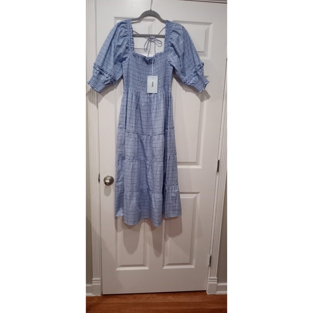 NWT Hill House Nesli Nap Dress in Diana Check Blue Plaid Smocked Midi Ruffle  L